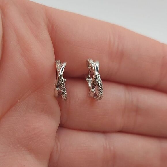 Platinum Plated Criss Cross 925 Sterling Silver Huggies Earrings - Picture 8 of 11